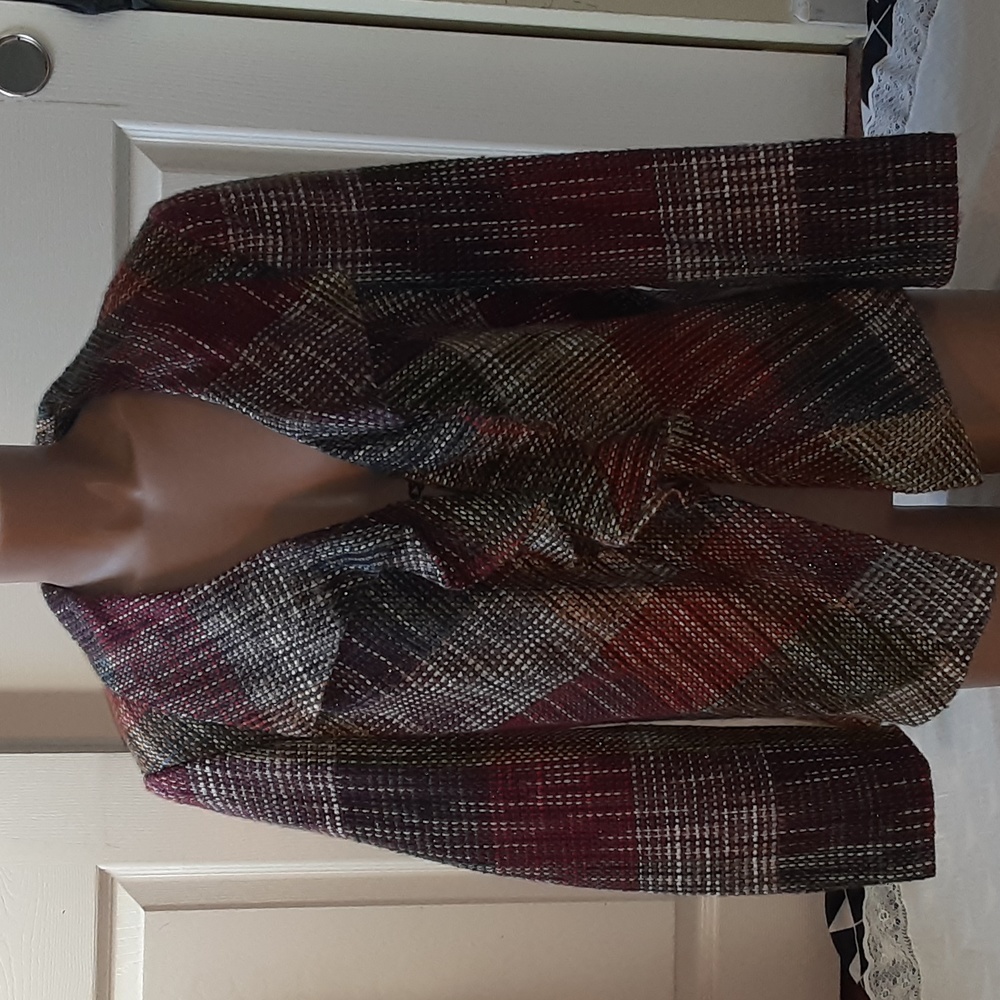 CHICO'S MULTI COLORED SLIGHT RUFFLE LAPEL BLAZER,  SIZE 12